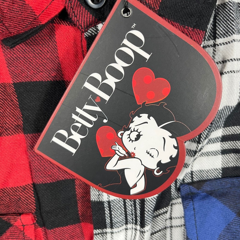 Betty Boop Flannel Shirt Women 1X Multicolor Plaid Colorblock Graphic Back Patch - Picture 4 of 8